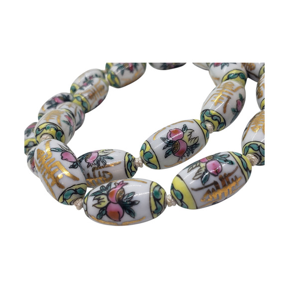 Vintage Chinese Import Porcelain Bead Necklace Hand Painted Gold Clasp Floral - Picture 2 of 9